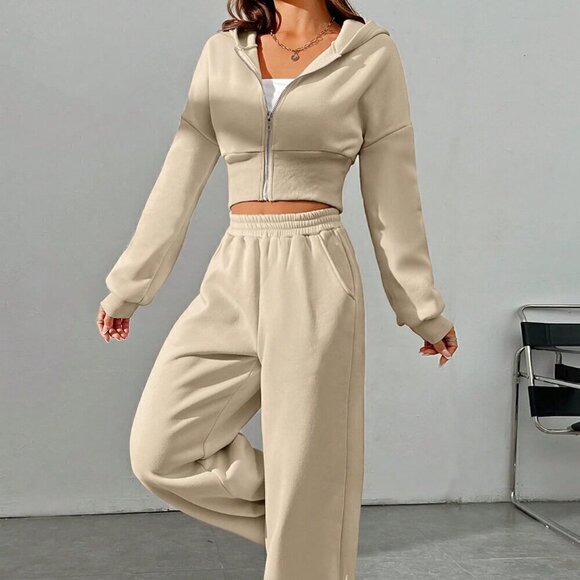 Khaki Casual Women's Zipper Front Hoodie And Pants Two Piece Set - Picture 5 of 7